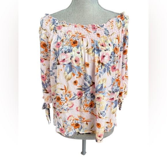 Gypsies & Moondust Boho Pink off the Shoulder Smocked Tie Sleeves Blouse - Picture 1 of 5